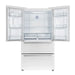 Front view of the Forno 36-inch French door refrigerator in white with both doors open, revealing a bright, spacious interior with adjustable glass shelves, clear door bins, and dual crisper drawers for organized food storage.