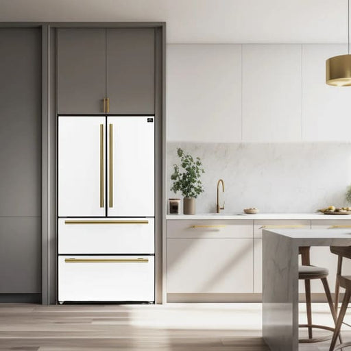 Forno 36-inch French door refrigerator in a white finish, shown in a modern lifestyle kitchen setting with elegant cabinetry, offering a stylish and functional centerpiece with spacious double doors and a bottom freezer drawer.