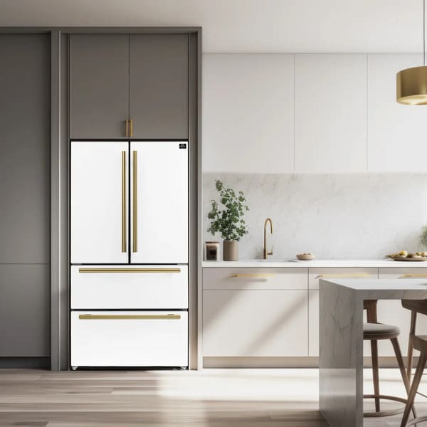 Forno 36-inch French door refrigerator in a white finish, shown in a modern lifestyle kitchen setting with elegant cabinetry, offering a stylish and functional centerpiece with spacious double doors and a bottom freezer drawer.