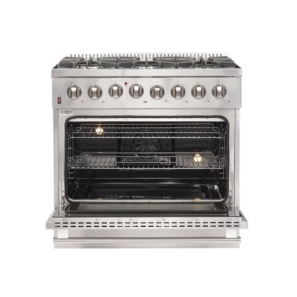 Front view of the FORNO dual fuel range with French doors open, showcasing the spacious stainless steel oven interior and multiple rack positions.