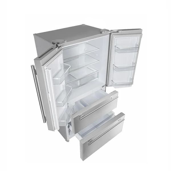 Left angle view of the FORNO French door refrigerator with both doors and freezer drawers open, revealing spacious interior storage, adjustable shelves, and organized compartments for optimal food storage.