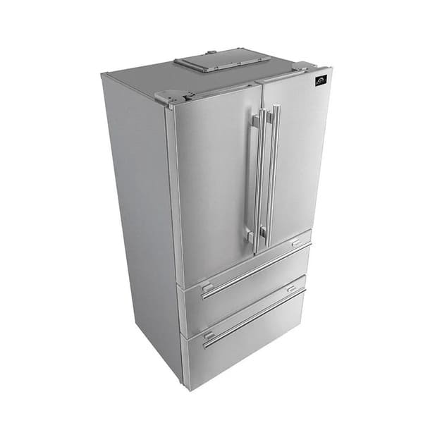 Left angle view of the stainless steel French door refrigerator from the FORNO 3-piece kitchen appliance package, showing double freezer drawers and sleek contemporary handles.