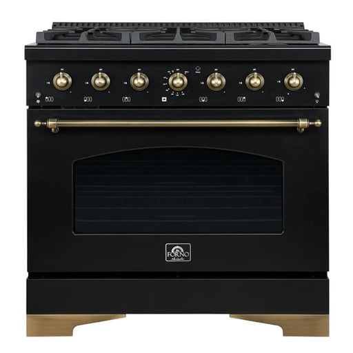 Front view of the Forno Antico 36-Inch Dual Fuel Range, featuring a sleek stainless steel finish, brass burner accents, and premium control knobs for a professional kitchen look.