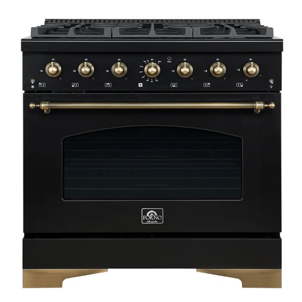 Front view of the Forno Antico 36-Inch Dual Fuel Range, featuring a sleek stainless steel finish, brass burner accents, and premium control knobs for a professional kitchen look.