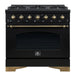 Front view of the Forno Antico 36-Inch Dual Fuel Range, featuring a sleek stainless steel finish, brass burner accents, and premium control knobs for a professional kitchen look.