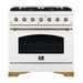 Front view of the Forno Antico 36-Inch Dual Fuel Range in white, featuring a clean matte finish, brass burners, and stainless steel control panel with premium knobs for a timeless kitchen aesthetic.