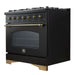 Right-angled front view of the Forno Antico 36-Inch Dual Fuel Range, featuring a refined stainless steel body, brass burner caps, and professional-grade oven and control design.