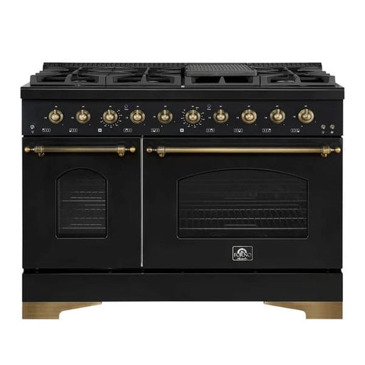 Front view of the Forno Antico 48-Inch Gas Range, showcasing a professional-grade design with eight brass burners, twin oven doors, and a sleek stainless steel finish.