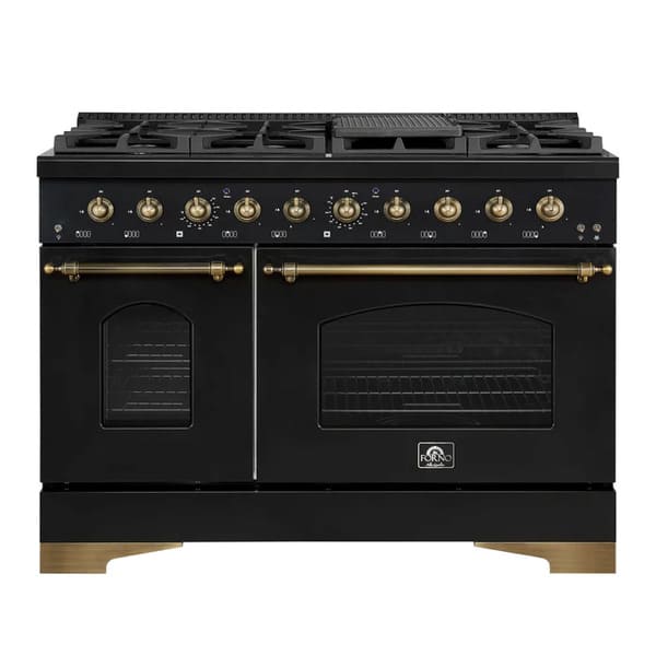 Front view of the Forno Antico 48-Inch Gas Range, showcasing a professional-grade design with eight brass burners, twin oven doors, and a sleek stainless steel finish.
