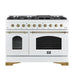 Front view of the Forno Antico 48-Inch Gas Range in white, featuring a matte white finish, eight brass burners, dual oven doors, and professional-style stainless steel control knobs.