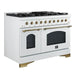 Left-angled front view of the Forno Antico 48-Inch Gas Range in white, highlighting its elegant matte white finish, eight brass burners, and dual oven configuration with premium control knobs.