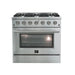 Front view of the FORNO Galiano 36-Inch Gas Range showcasing its French doors, stainless-steel finish, and six-burner cooktop with control knobs.