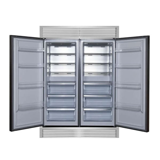 Front view of FORNO Maderno 60-Inch Convertible Refrigerator-Freezer with decorative trim, shown with both doors open revealing adjustable shelves, door bins, and spacious interior.