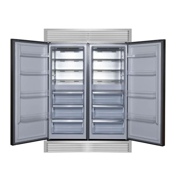 Front view of FORNO Maderno 60-Inch Convertible Refrigerator-Freezer with decorative trim, shown with both doors open revealing adjustable shelves, door bins, and spacious interior.