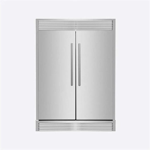 Front view of FORNO Maderno 60-Inch Convertible Refrigerator-Freezer in stainless steel with decorative trim, French doors, and sleek professional design.