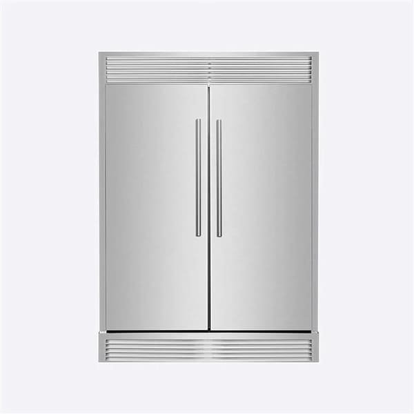 Front view of FORNO Maderno 60-Inch Convertible Refrigerator-Freezer in stainless steel with decorative trim, French doors, and sleek professional design.