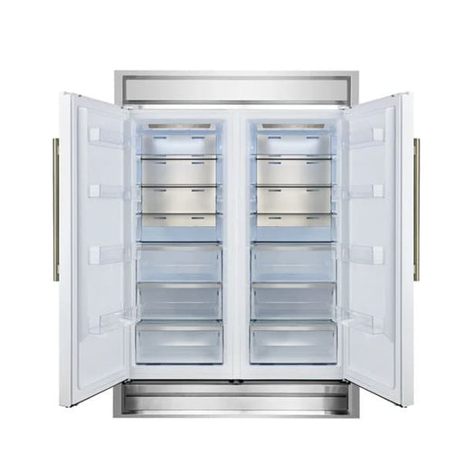FORNO Maderno 60-Inch Convertible Refrigerator-Freezer with decorative trim shown with both French doors open, revealing adjustable shelves, spacious interior, and stainless steel finish.