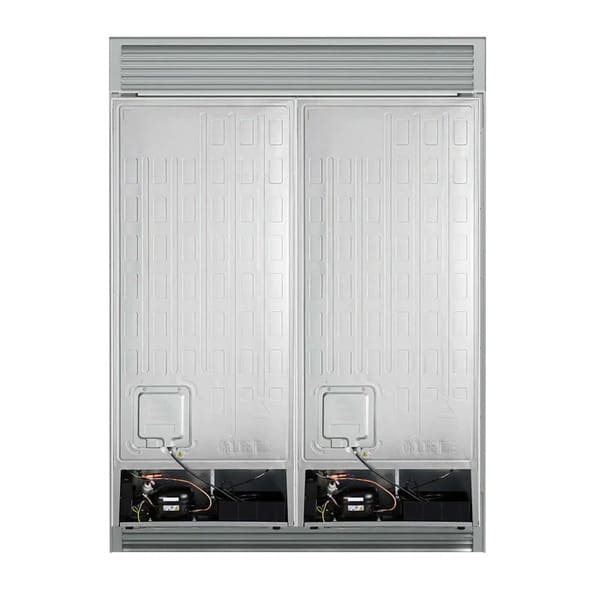 Rear view of FORNO Maderno Convertible Refrigerator-Freezer in stainless steel, displaying ventilation grilles, power connection panel, and back design layout.