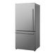 Angled front-left view of FORNO Milano 31-Inch Freestanding Refrigerator in stainless steel with left-hinge French doors and bottom freezer drawers.