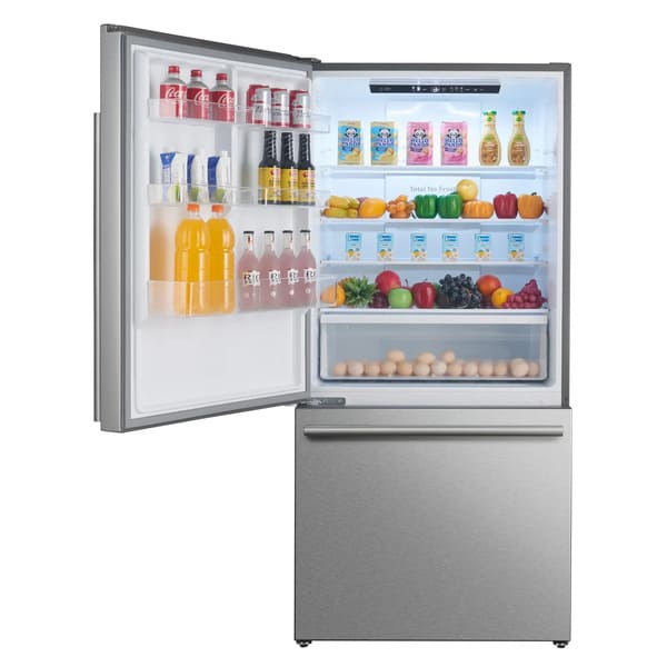 Open-door view of FORNO Milano 31-Inch Stainless Steel Refrigerator with left-hinge, showing organized interior with glass shelves, door bins, and bottom freezer drawers.