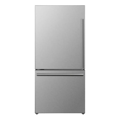 FORNO Milano 31-Inch Freestanding Refrigerator in stainless steel with left-hinge configuration, bottom freezer drawers, and French door refrigerator design.