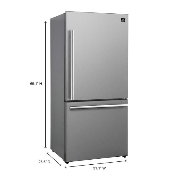 Angled front-right view of FORNO Milano 62-Inch Freestanding Refrigerator in stainless steel, featuring right-hinge French doors and bottom freezer drawers.