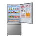Open-door view of FORNO Milano 31-Inch Freestanding Refrigerator-Freezer in stainless steel with right-hinge, showing interior storage, shelves, and bottom freezer drawers.