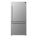 FORNO Milano 31-Inch Freestanding Refrigerator in stainless steel with right-hinge configuration, bottom freezer drawers, and sleek French door design.