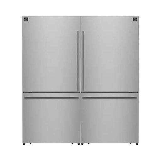 FORNO Milano 62-Inch Freestanding Refrigerator in stainless steel featuring dual bottom freezers, French doors, and spacious interior storage.