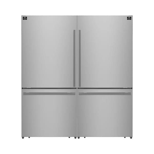 FORNO Milano 62-Inch Freestanding Refrigerator in stainless steel featuring dual bottom freezers, French doors, and spacious interior storage.