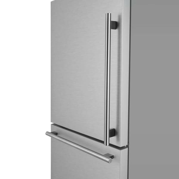 Close-up of left-hinge handle on FORNO Milano Freestanding Refrigerator in stainless steel, highlighting sleek, pro-style design and brushed metal finish.