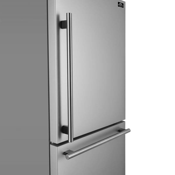Close-up of right-hinge handle on FORNO Milano Freestanding Refrigerator in stainless steel, featuring modern pro-style grip and brushed finish.