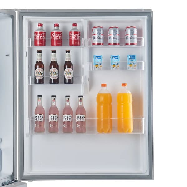 Interior view of the FORNO Milano Stainless Steel Refrigerator door, featuring deep storage bins and sleek, easy-to-clean design.