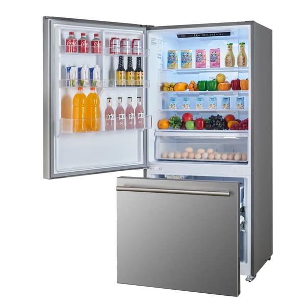 Side view of FORNO Milano Stainless Steel Refrigerator with left-hinge door open, highlighting modern design, interior shelving, and stainless steel finish.
