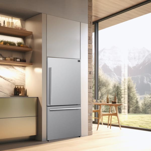 FORNO Milano Stainless Steel Refrigerator shown in a modern kitchen lifestyle setting, highlighting its sleek design, French doors, and premium finish.