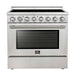 Front view of the Forno Paolo 36-Inch Electric Range with Convection Oven, showcasing a sleek stainless steel design, smooth cooktop surface, and professional-style control knobs.