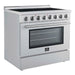 Left-angled front view of the Forno Paolo 36-Inch Electric Range with Convection Oven, featuring a closed oven door, stainless steel finish, and smooth electric cooktop surface.