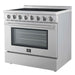 Right-angled front view of the Forno Paolo 36-Inch Electric Range with Convection Oven, featuring a sleek stainless steel finish, smooth cooktop, and closed oven door design.