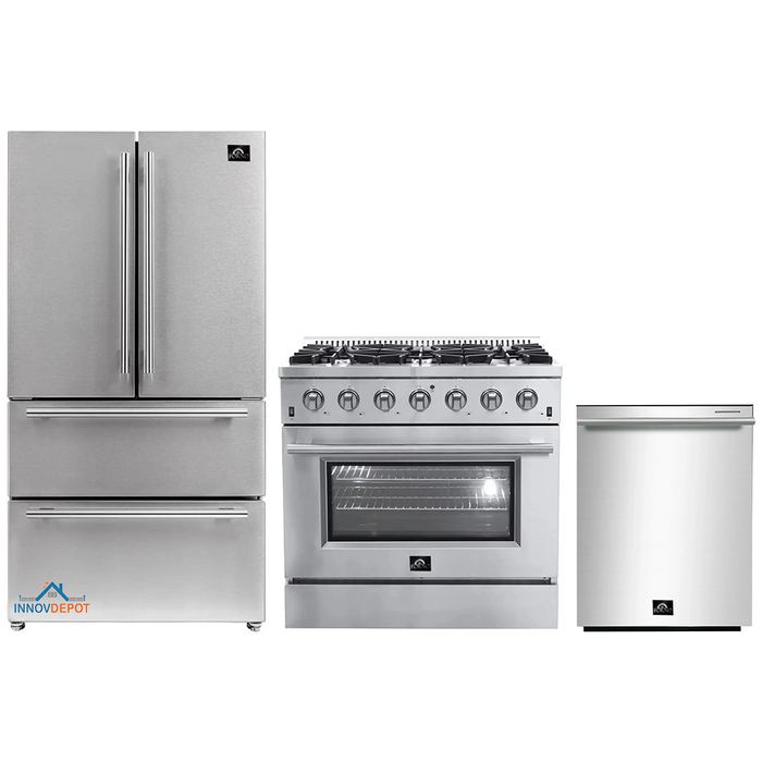 Forno 3-Piece Appliance Package - 36-Inch Gas Range, French Door Refrigerator, and Dishwasher in Stainless Steel