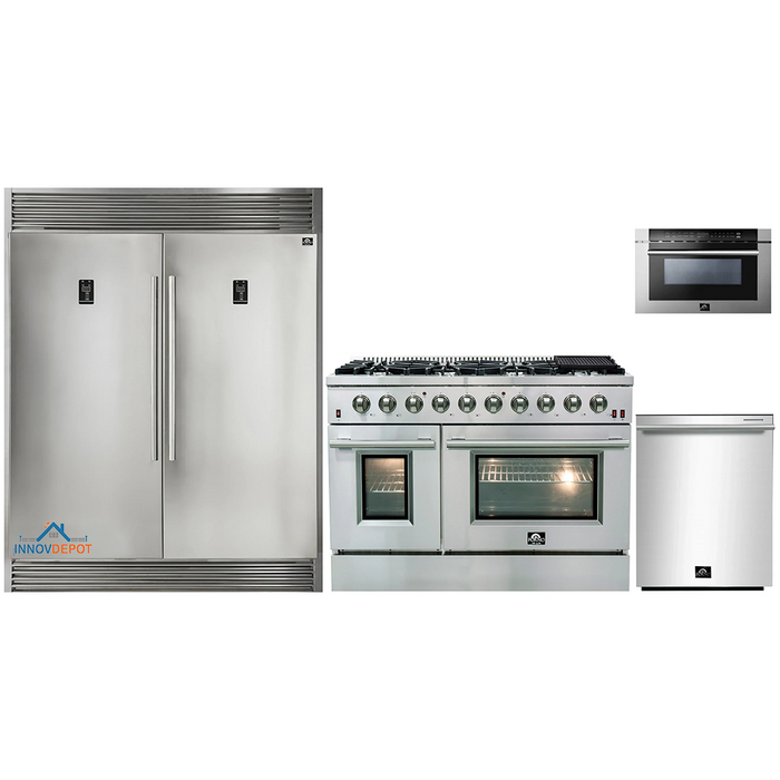 Forno 4-Piece Appliance Package - 48-Inch Gas Range, 56-Inch Pro-Style Refrigerator, Microwave Drawer, & 3-Rack Dishwasher in Stainless Steel