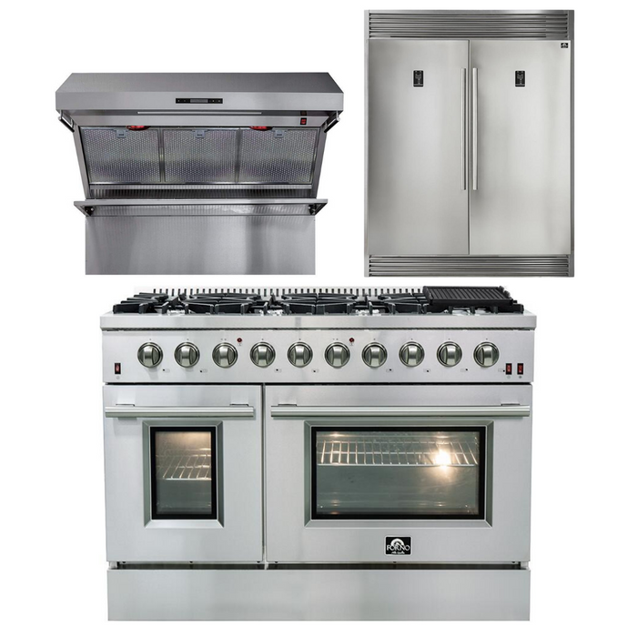 Forno Appliance Package - 48 Inch Gas Range, Wall Mount Range Hood, 60 Inch Refrigerator, FBDL-018-02US