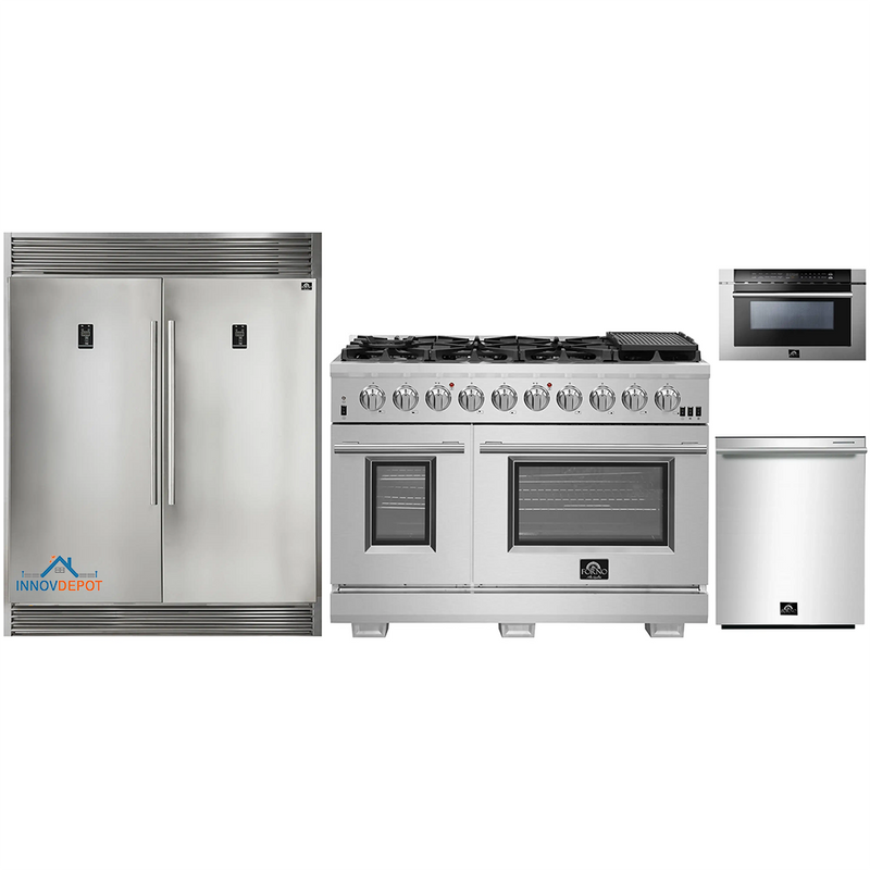 Forno 4-Piece Pro Appliance Package - 48-Inch Gas Range, 56-Inch Pro-Style Refrigerator, Microwave Drawer, & 3-Rack Dishwasher in Stainless Steel
