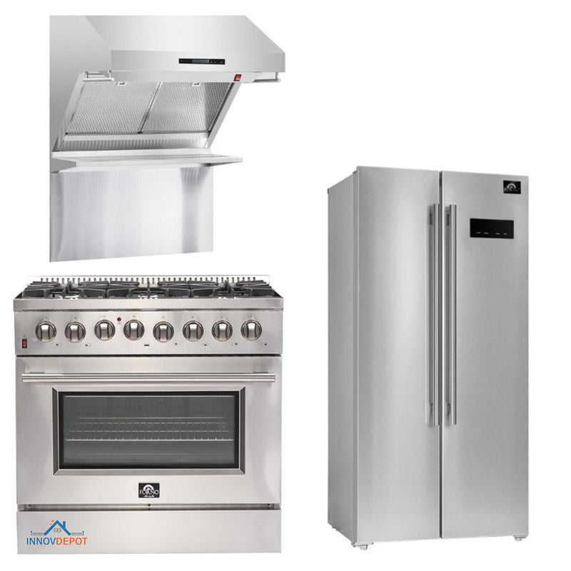 Forno Appliance Package - 36 Inch Gas Range, Wall Mount Range Hood, 33" Built-In Refrigerator, FFRBI-FFSGS6244-36