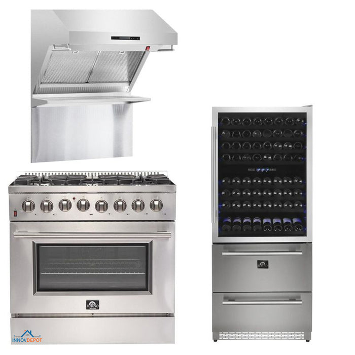 Forno Appliance Package - 36 Inch Gas Range, Wall Mount Range Hood, Microwave Drawer, 6661-FFSGS6244-36