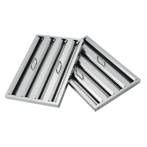 Close-up of the stainless steel baffle filters on the Forno Vittorio 48-Inch Wall Mount Range Hood in black, designed for effective grease and smoke capture, framed by a matte black finish with antique brass accents for a professional look.