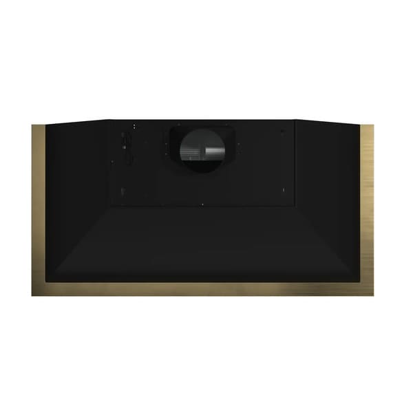 Top view of the Forno Vittorio 48-Inch Wall Mount Range Hood in black, highlighting the smooth matte black chimney structure and clean edges designed for effective wall-mounted ventilation with a refined, modern finish.
