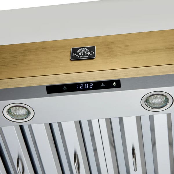 Close-up of the control panel on the Forno Vittorio 48-Inch Wall Mount Range Hood in white, featuring a modern touch interface with illuminated buttons for fan speed, lighting, and power, framed by a smooth white surface and antique brass accents.