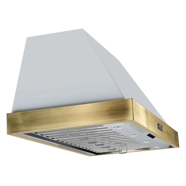 Left angle view of the Forno Vittorio 48-Inch Wall Mount Range Hood in white, highlighting its wide canopy design, antique brass trim accents, and stainless steel baffle filters beneath, offering a balance of elegance and powerful ventilation.