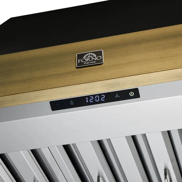 Close-up view of the Forno Vittorio Wall Mount Range Hood’s control panel, featuring a sleek digital display with clearly marked touch-sensitive buttons for fan speed, lighting, and power functions.