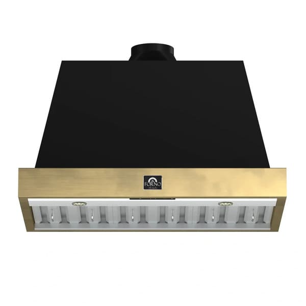 Front view of the Forno Vittorio 36-Inch Wall Mount Range Hood featuring a sleek design with antique brass trim, stainless steel baffle filters, and a modern control panel centered on the lower face of the hood.